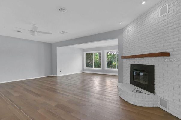 Empty room, Fireplace, Interior, Recessed Lighting, Wood Texture Flooring