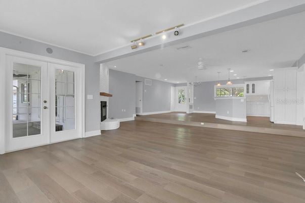 Empty room, Interior, Kitchen, Pendant Lights, Recessed Lighting, Wood Texture Flooring