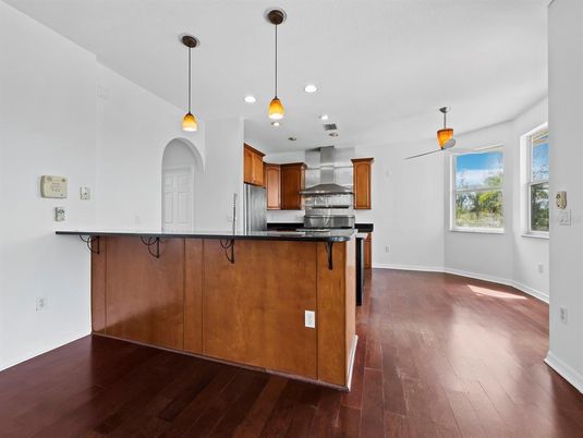 Interior, Kitchen, Pendant Lights, Recessed Lighting, Stainless Steel Appliances, Wood Texture Flooring