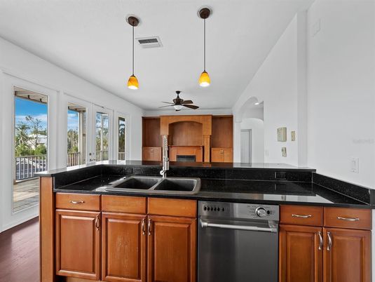 Interior, Kitchen, Pendant Lights, Wood Texture Flooring