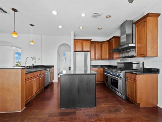 Interior, Kitchen, Pendant Lights, Recessed Lighting, Stainless Steel Appliances, Wood Texture Flooring