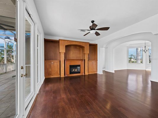 Chandelier, Empty room, Fireplace, Interior, Wood Texture Flooring