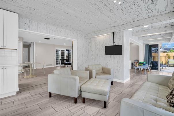 Dining room, Interior, Living room, Recessed Lighting, Wood Texture Flooring