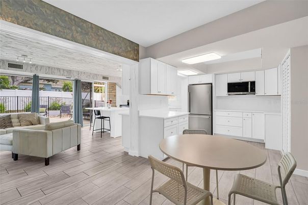 Dining room, Interior, Kitchen, Living room, Stainless Steel Appliances, Wood Texture Flooring