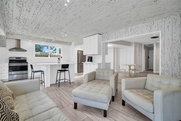 Dining room, Interior, Kitchen, Recessed Lighting, Stainless Steel Appliances, Wood Texture Flooring