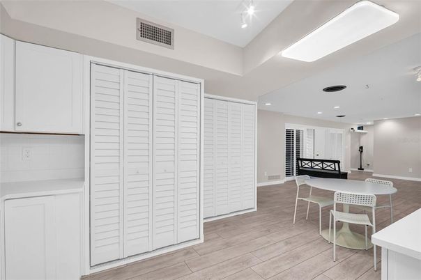 Dining room, Interior, Recessed Lighting, Wood Texture Flooring