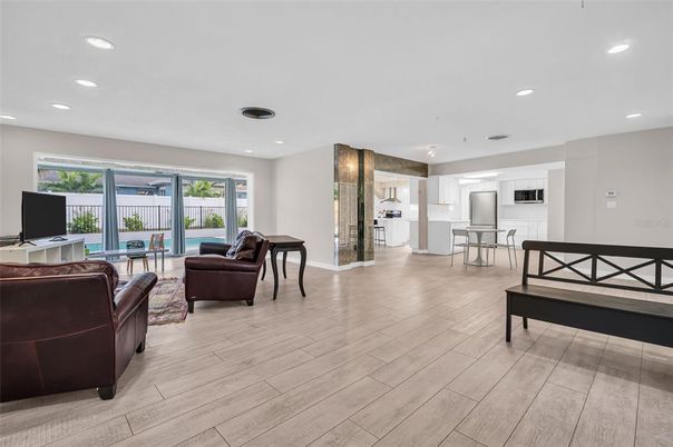 Dining room, Interior, Kitchen, Living room, Recessed Lighting, Wood Texture Flooring
