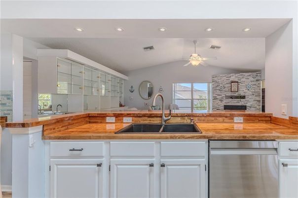 Fireplace, Interior, Kitchen, Recessed Lighting, Stone Walls