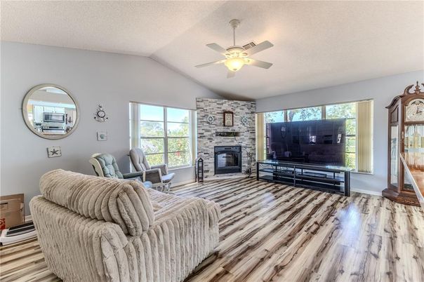 Fireplace, Interior, Living room, Stone Walls, Wood Texture Flooring