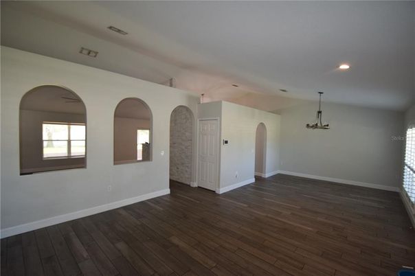 Empty room, Interior, Pendant Lights, Recessed Lighting, Wood Texture Flooring