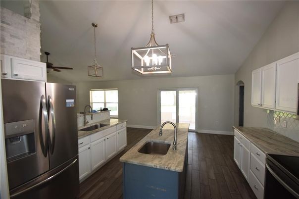 Interior, Kitchen, Pendant Lights, Wood Texture Flooring