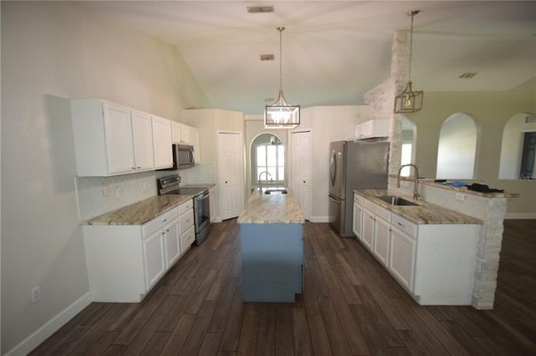 Interior, Kitchen, Pendant Lights, Stainless Steel Appliances, Wood Texture Flooring