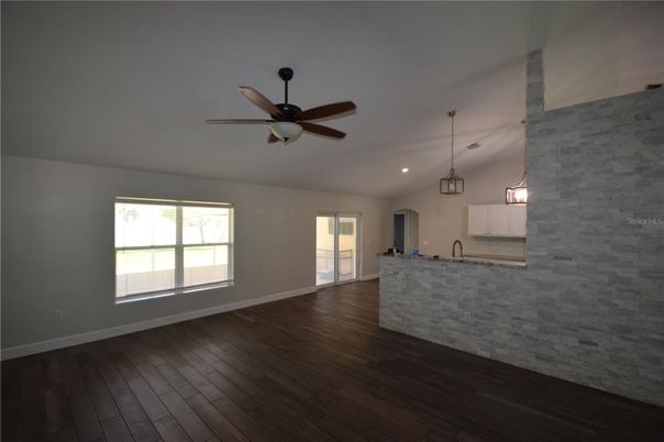 Empty room, Interior, Kitchen, Pendant Lights, Recessed Lighting, Wood Texture Flooring