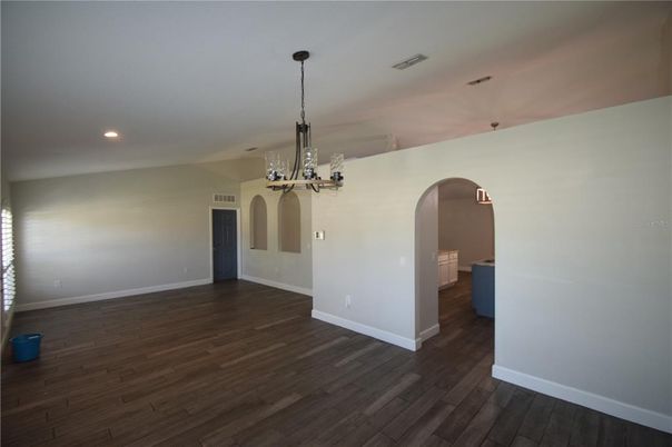 Chandelier, Empty room, Interior, Recessed Lighting, Wood Texture Flooring