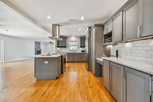 Interior, Kitchen, Recessed Lighting, Stainless Steel Appliances, Wood Texture Flooring