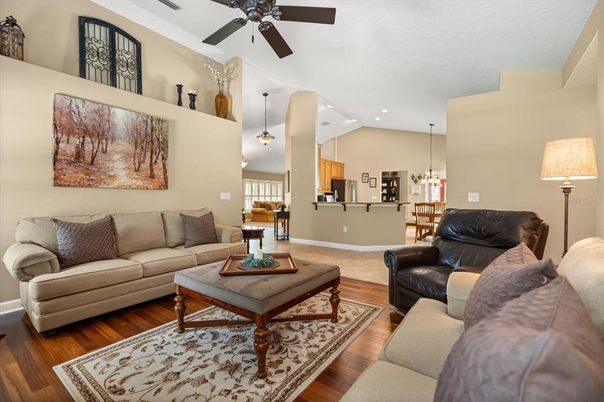 Dining room, Interior, Living room, Pendant Lights, Recessed Lighting, Wood Texture Flooring