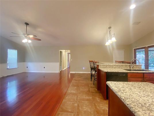 Interior, Kitchen, Pendant Lights, Recessed Lighting, Wood Texture Flooring