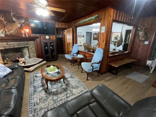 Dining room, Fireplace, Interior, Living room, Wood Texture Flooring, Wooden Walls