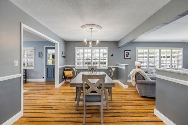 Dining room, Interior, Pendant Lights, Wood Texture Flooring