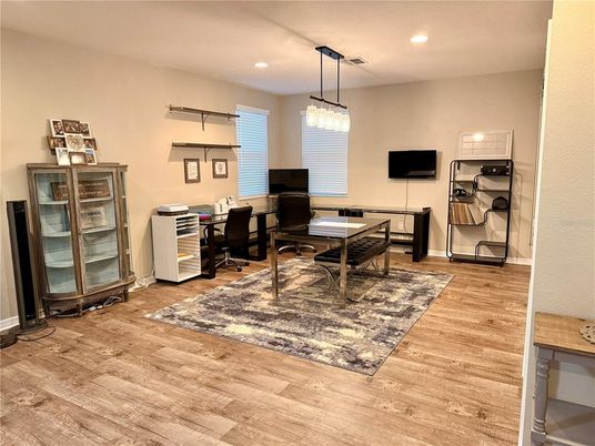 Home Office, Interior, Pendant Lights, Recessed Lighting, Wood Texture Flooring