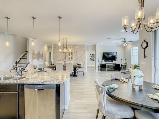 Dining room, Interior, Kitchen, Living room, Pendant Lights, Recessed Lighting, Stone Walls, Wood Texture Flooring