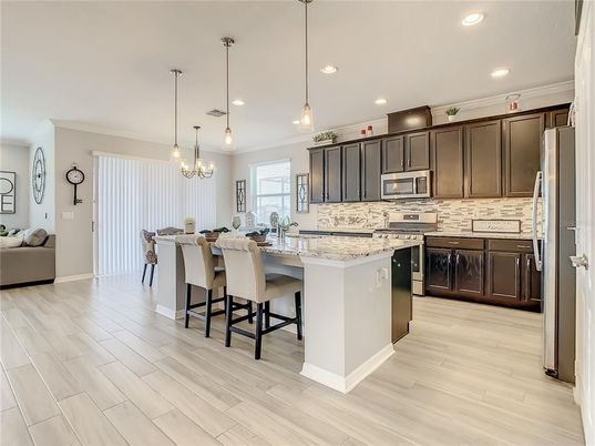 Interior, Kitchen, Pendant Lights, Recessed Lighting, Stainless Steel Appliances, Wood Texture Flooring