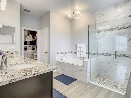 Bathroom, Glass Shower, Interior, Marble Walls, Wood Texture Flooring