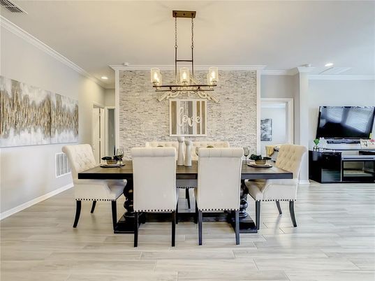 Dining room, Interior, Pendant Lights, Recessed Lighting, Stone Walls, Wood Texture Flooring