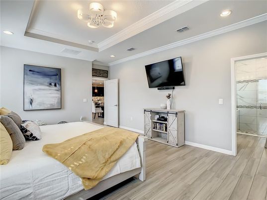 Bedroom, Interior, Recessed Lighting, Wood Texture Flooring