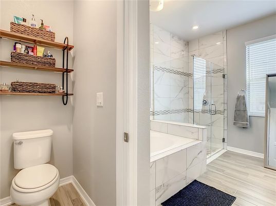 Bathroom, Glass Shower, Interior, Marble Walls, Recessed Lighting, Wood Texture Flooring