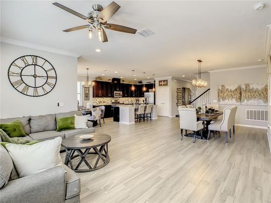 Chandelier, Dining room, Interior, Kitchen, Living room, Pendant Lights, Recessed Lighting, Wood Texture Flooring