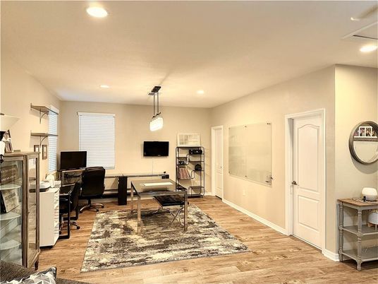 Home Office, Interior, Pendant Lights, Recessed Lighting, Wood Texture Flooring