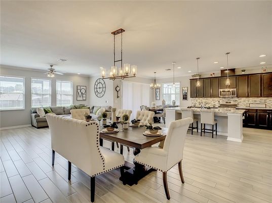 Chandelier, Dining room, Interior, Kitchen, Living room, Pendant Lights, Recessed Lighting, Wood Texture Flooring