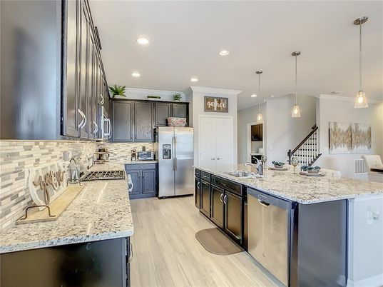 Interior, Kitchen, Pendant Lights, Recessed Lighting, Stainless Steel Appliances, Wood Texture Flooring