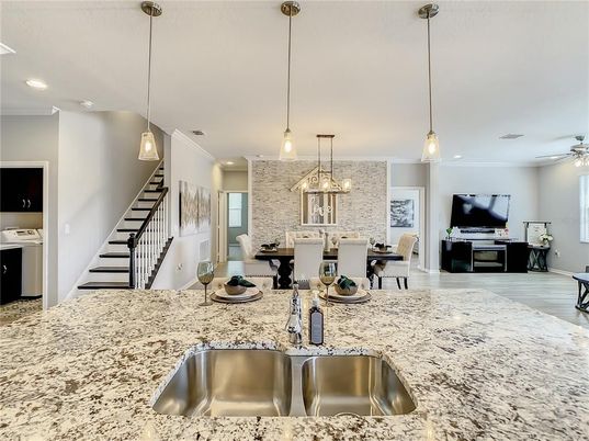 Dining room, Interior, Kitchen, Pendant Lights, Recessed Lighting, Stone Walls