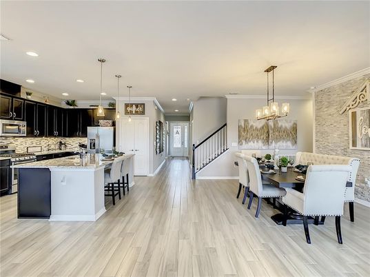 Dining room, Interior, Kitchen, Pendant Lights, Recessed Lighting, Wood Texture Flooring