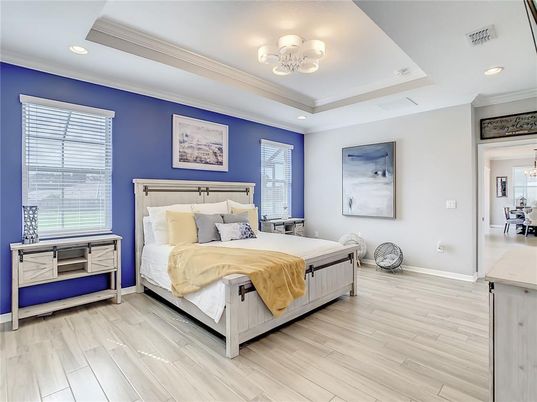 Bedroom, Interior, Recessed Lighting, Wood Texture Flooring