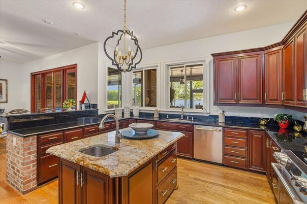 Chandelier, Interior, Kitchen, Pendant Lights, Recessed Lighting, Wood Texture Flooring