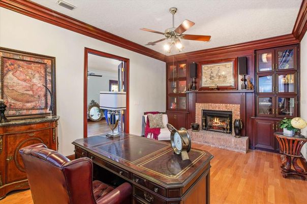Fireplace, Home Office, Interior, Wood Texture Flooring