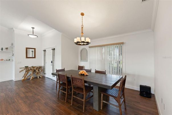 Chandelier, Dining room, Interior, Pendant Lights, Wood Texture Flooring