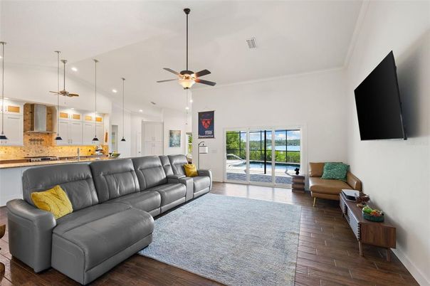 Interior, Kitchen, Living room, Pendant Lights, Recessed Lighting, Wood Texture Flooring