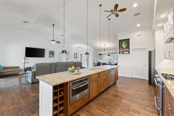 Interior, Kitchen, Living room, Pendant Lights, Recessed Lighting, Stainless Steel Appliances, Wood Texture Flooring