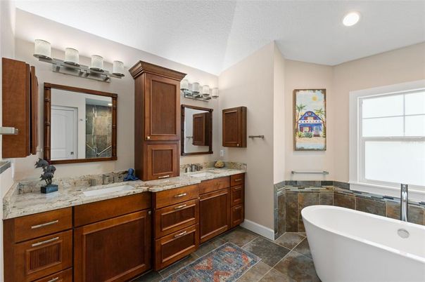 Bathroom, Dual Sink Vanities, Free Standing Baths, Interior, Recessed Lighting