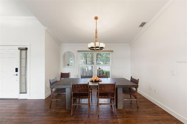 Chandelier, Dining room, Interior, Pendant Lights, Wood Texture Flooring