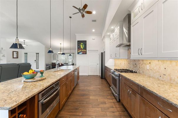 Interior, Kitchen, Pendant Lights, Recessed Lighting, Stainless Steel Appliances, Wood Texture Flooring