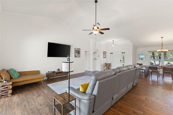 Dining room, Interior, Living room, Pendant Lights, Wood Texture Flooring
