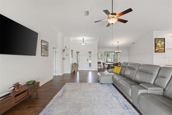 Dining room, Interior, Living room, Pendant Lights, Wood Texture Flooring