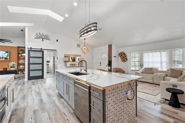 Interior, Kitchen, Living room, Pendant Lights, Recessed Lighting, Stainless Steel Appliances, Wood Texture Flooring