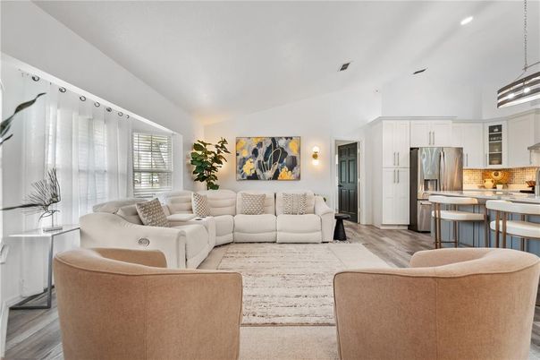 Interior, Kitchen, Living room, Recessed Lighting, Stainless Steel Appliances, Wood Texture Flooring