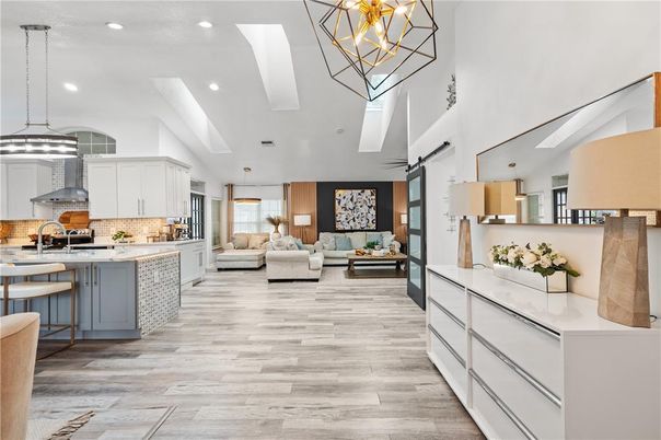 Interior, Kitchen, Living room, Pendant Lights, Recessed Lighting, Stainless Steel Appliances, Wood Texture Flooring